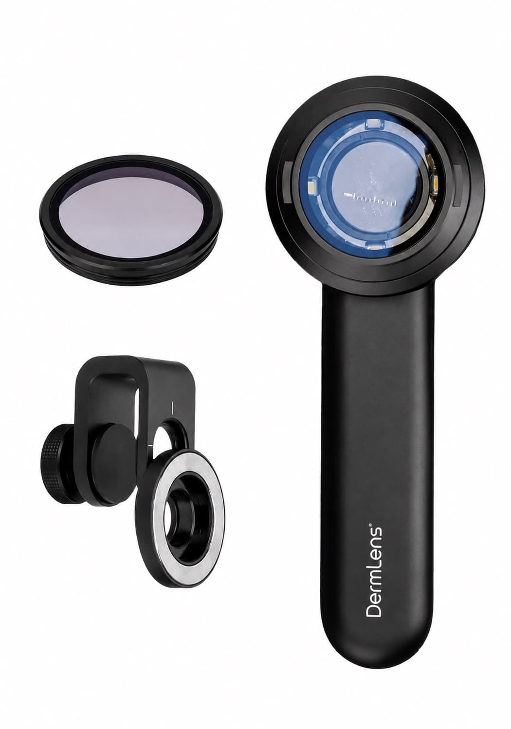 DermLens handheld dermatoscope with detachable polarising filter and universal smartphone adapter