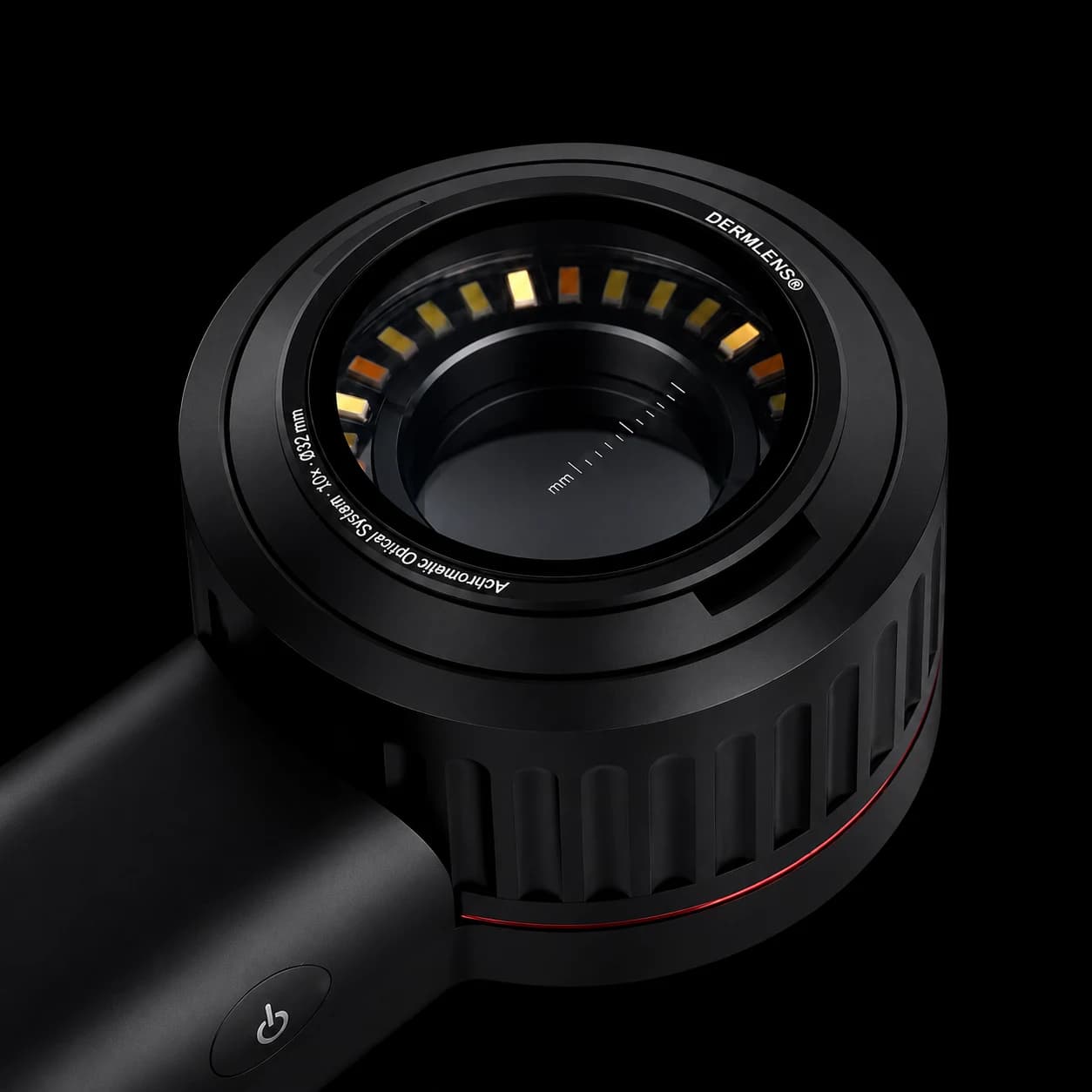 Close-up of the DermLens M6 30 mm achromatic lens and its ring of amber illumination LEDs