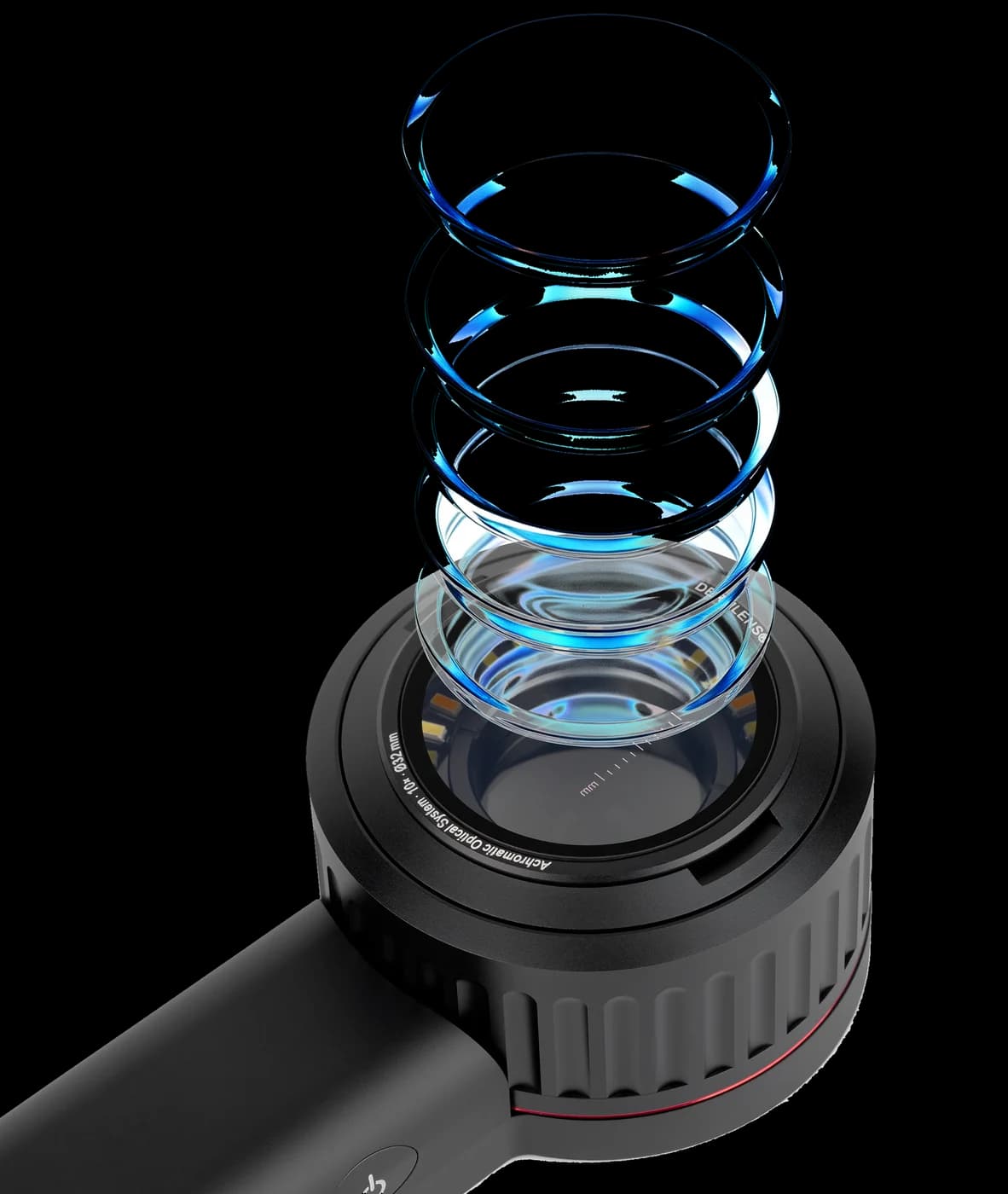 DermLens M6 achromatic optical system with its lens elements shown above the 30 mm lens housing