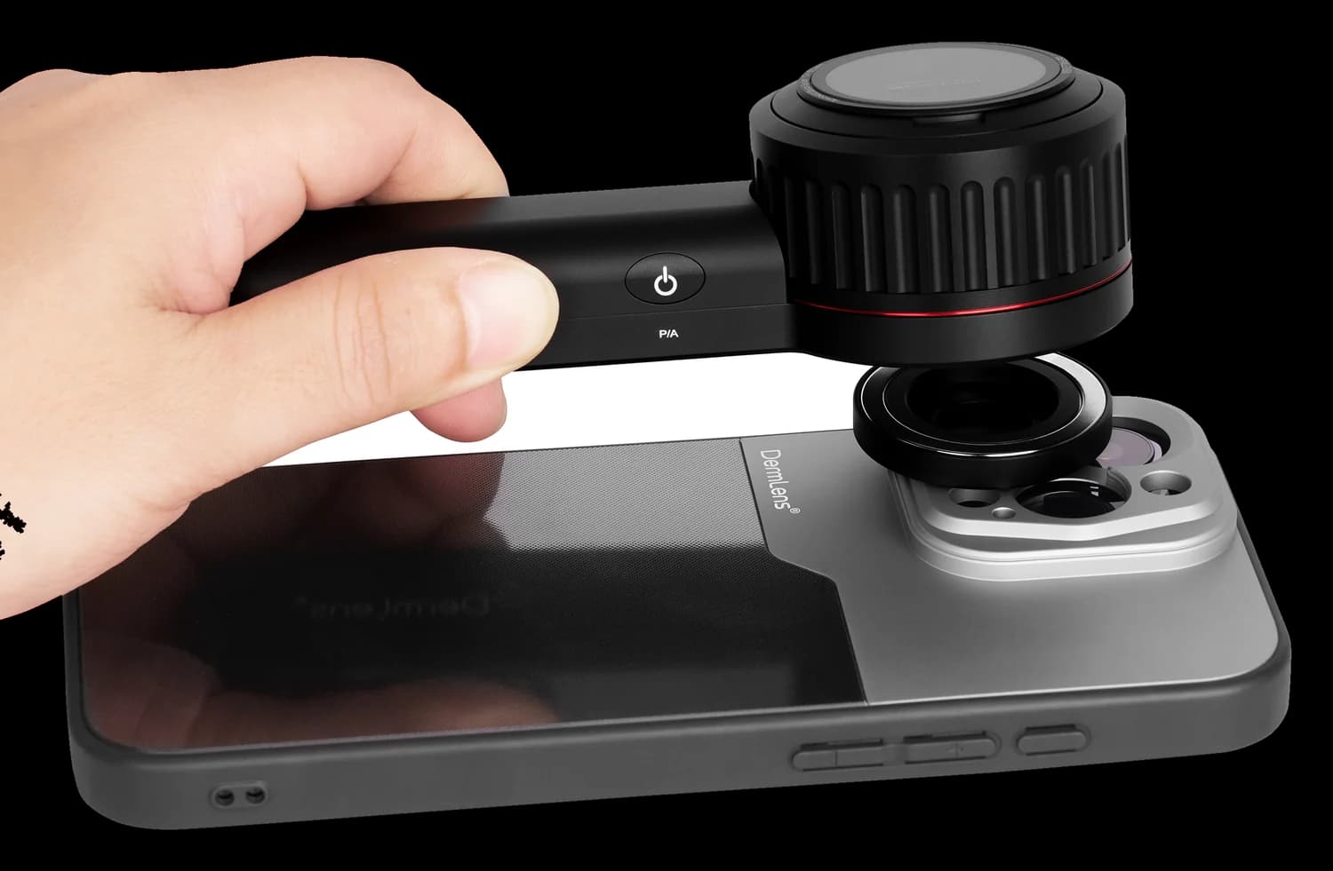 Snapping the DermLens M6 onto a smartphone with the magnetic interface