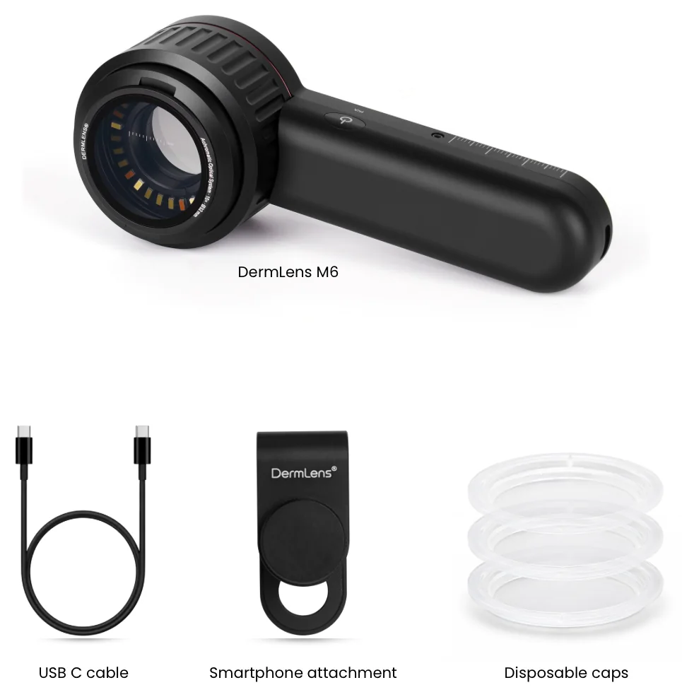 Everything included with DermLens M6 — dermatoscope, magnetic smartphone adaptor, disposable contact caps and USB-C cable